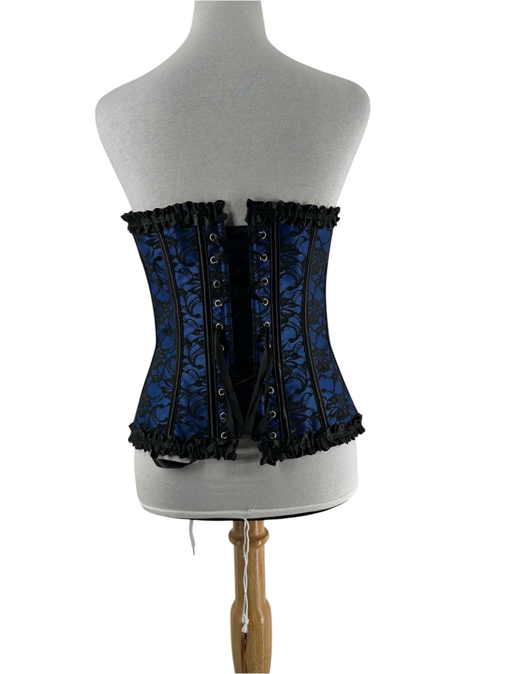 Corset top blue black lace overlay cinched waist trainer boning witchy goth M - Picture 9 of 9